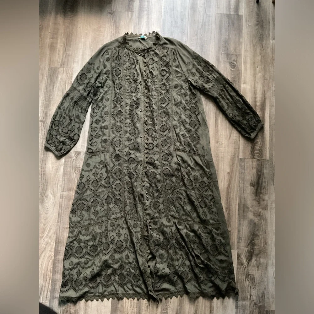 Sundance Delila Eyelet Duster Jacket Kimono PM Army Green Boho Festival - Picture 2 of 5